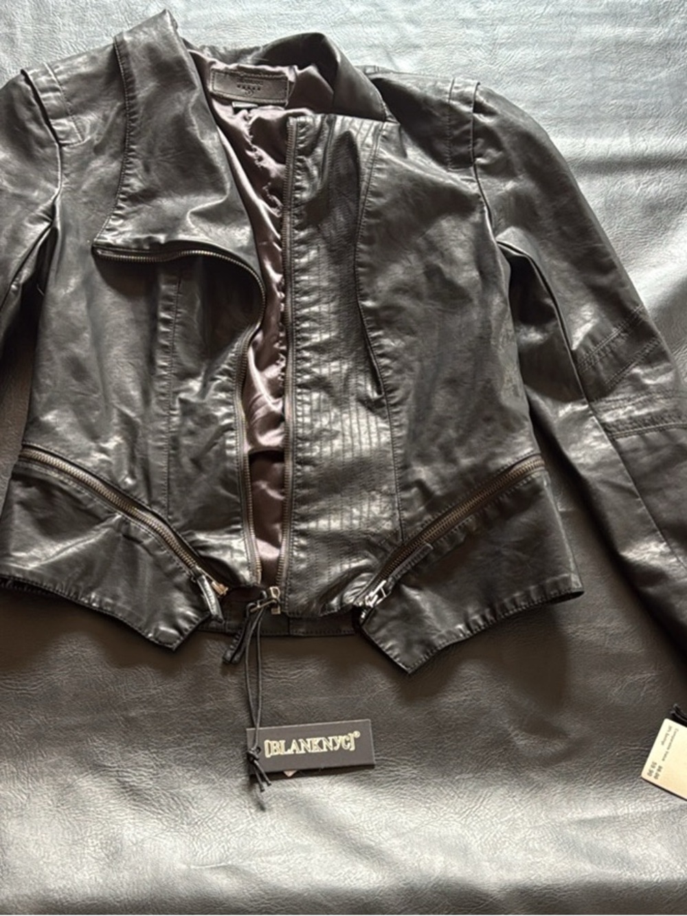 Blank NYC Black Leather Moto Jacket with Zip Details